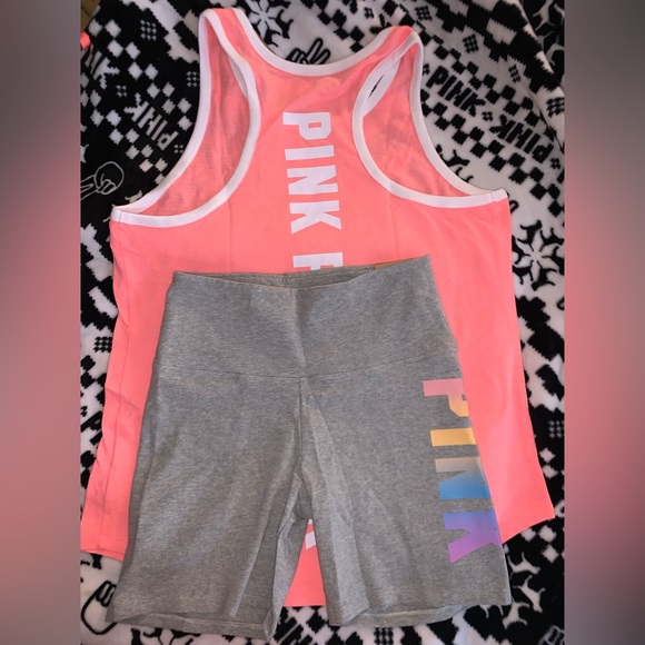 VS Pink 6” Cotton Biker Shorts Rainbow Gradient & Coral Flash Racerback Tank Top - Picture 5 of 6